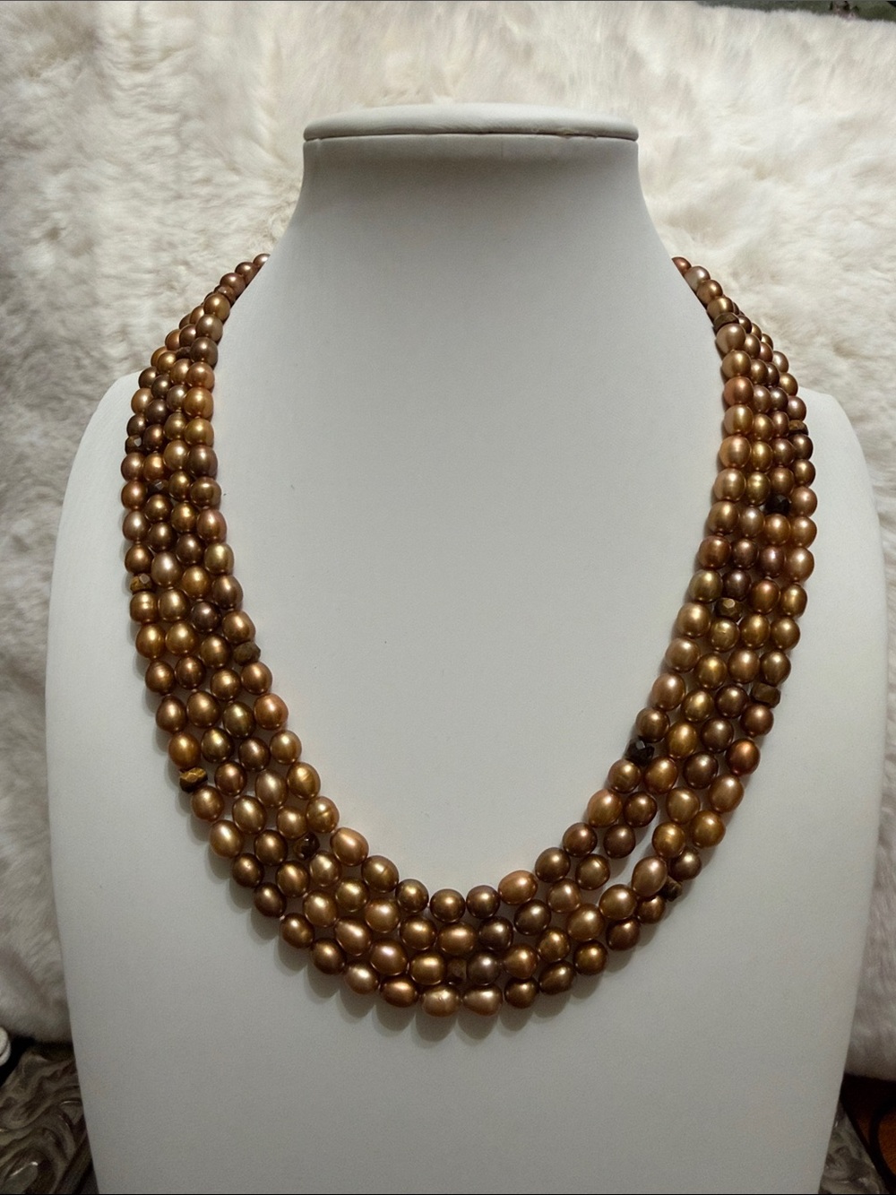 Vintage Four-Strand Golden Bronze Freshwater Pearl and Cat’s Eye Necklace